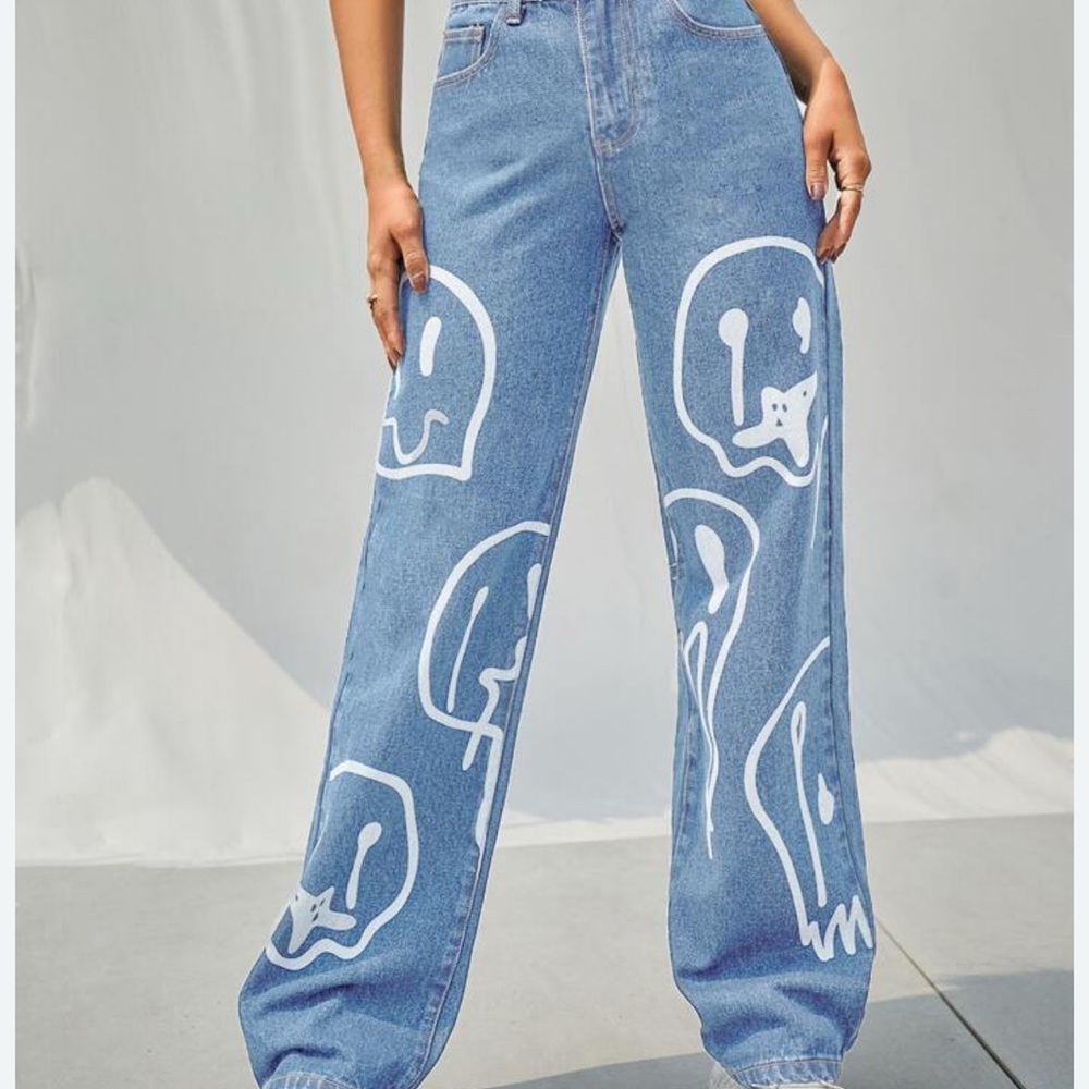 SHEIN Blue Wide Leg Cartoon Graphics Jeans